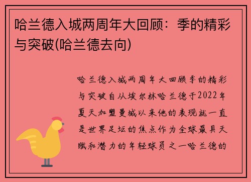 哈兰德入城两周年大回顾：季的精彩与突破(哈兰德去向)