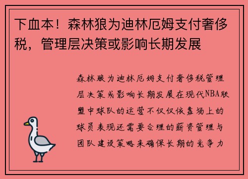 下血本！森林狼为迪林厄姆支付奢侈税，管理层决策或影响长期发展