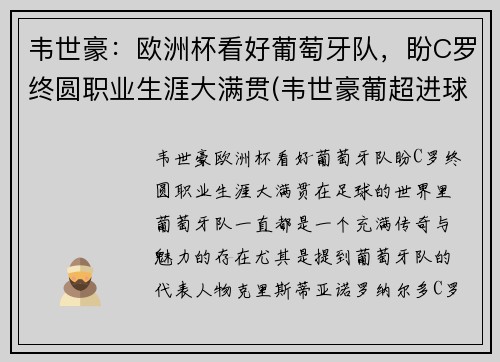 韦世豪：欧洲杯看好葡萄牙队，盼C罗终圆职业生涯大满贯(韦世豪葡超进球视频)