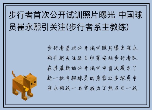 步行者首次公开试训照片曝光 中国球员崔永熙引关注(步行者系主教练)
