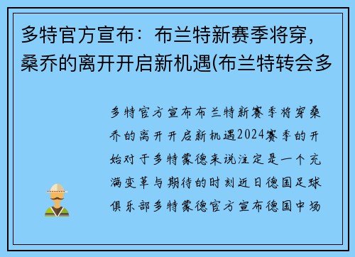多特官方宣布：布兰特新赛季将穿，桑乔的离开开启新机遇(布兰特转会多特蒙德)