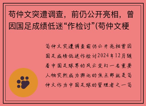 苟仲文突遭调查，前仍公开亮相，曾因国足成绩低迷“作检讨”(苟仲文梗)