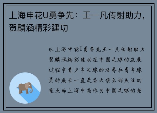 上海申花U勇争先：王一凡传射助力，贺麟涵精彩建功