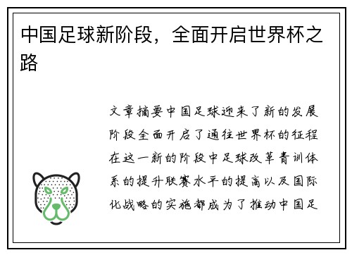 中国足球新阶段，全面开启世界杯之路