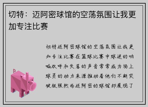 切特：迈阿密球馆的空荡氛围让我更加专注比赛