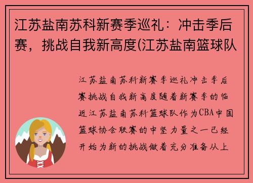 江苏盐南苏科新赛季巡礼：冲击季后赛，挑战自我新高度(江苏盐南篮球队队员名单)