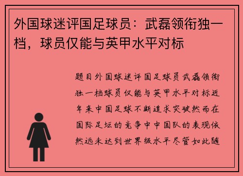 外国球迷评国足球员：武磊领衔独一档，球员仅能与英甲水平对标