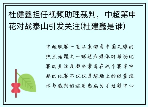 杜健鑫担任视频助理裁判，中超第申花对战泰山引发关注(杜建鑫是谁)